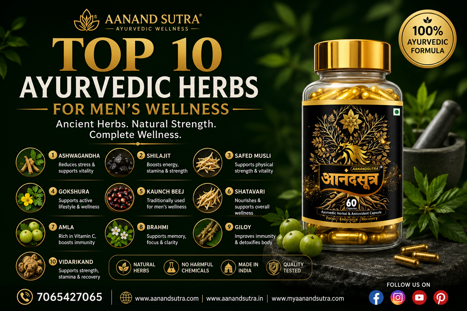 Top 10 Ayurvedic Herbs for Men's Wellness featuring Aanand Sutra Ayurvedic herbal capsules with Ashwagandha, Shilajit, Safed Musli, Gokshura, Amla, Brahmi, Giloy and other natural herbs.